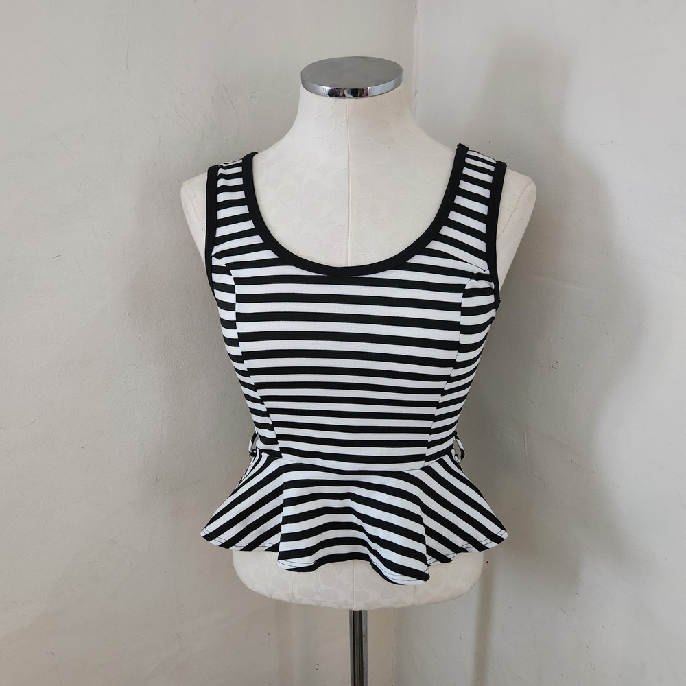 Body Central Black and White Striped Peplum Tank Scoop Neck Sleeveless Blouse S